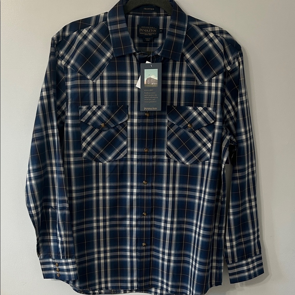 Pendleton Shirt Men’s M Navy Plaid Pearl Snap Frontier Long Sleeve Western NWT